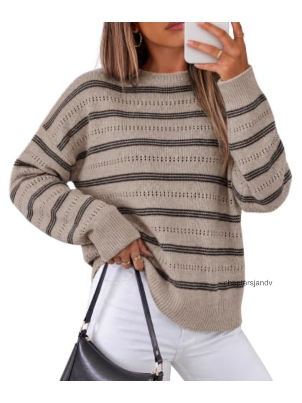 Womens Striped Long Sleeve Crew Neck Pullover Sweater Knit Loose Fit